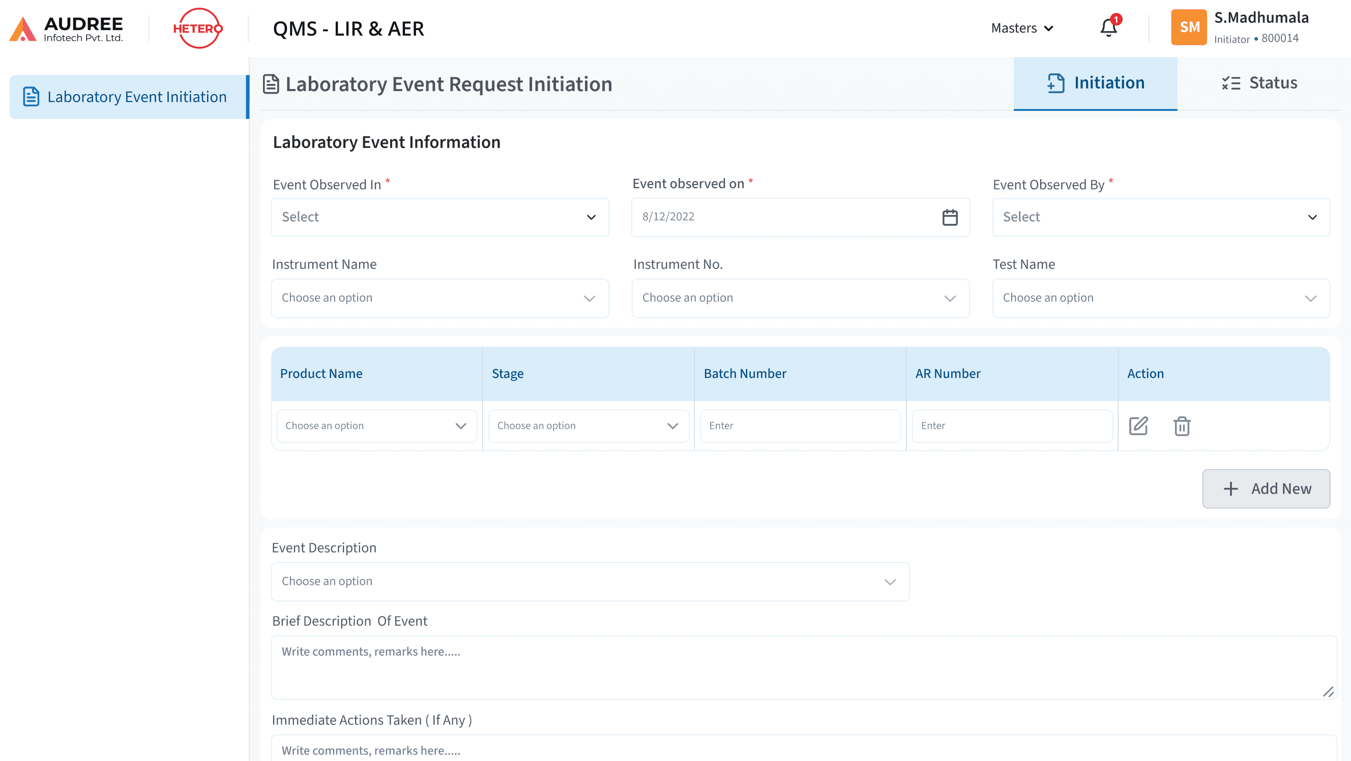 LIR & AER Laboratory Event Request Initiation screen
