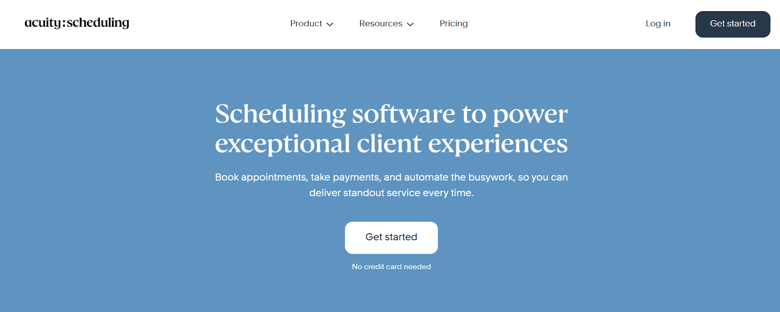 Homepage screenshot of Acuity Scheduling showcasing navigation bar and hero section