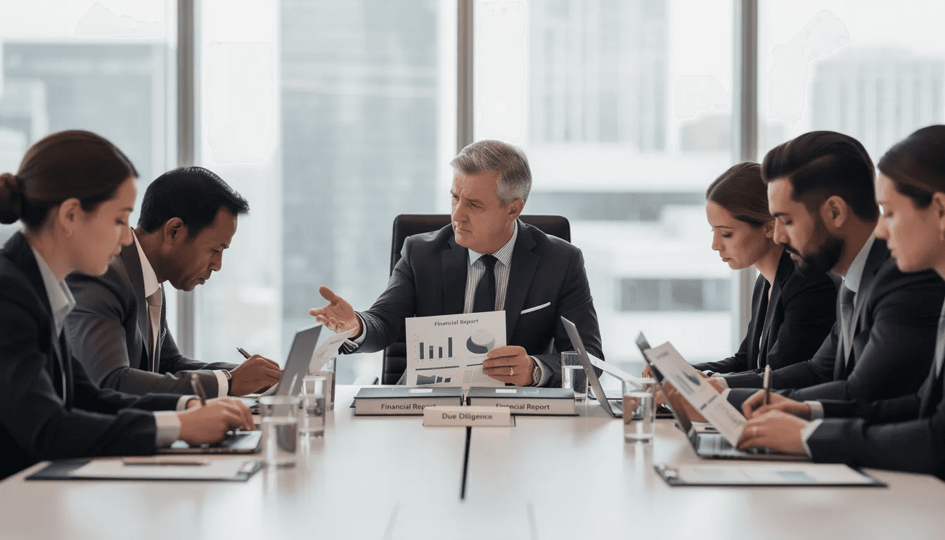 In a professional meeting setting, business owners and private equity professionals are engaged in a discussion while reviewing important documents. They are likely evaluating investment criteria for private equity, focusing on aspects such as financial performance, market position, and growth potential of portfolio companies.