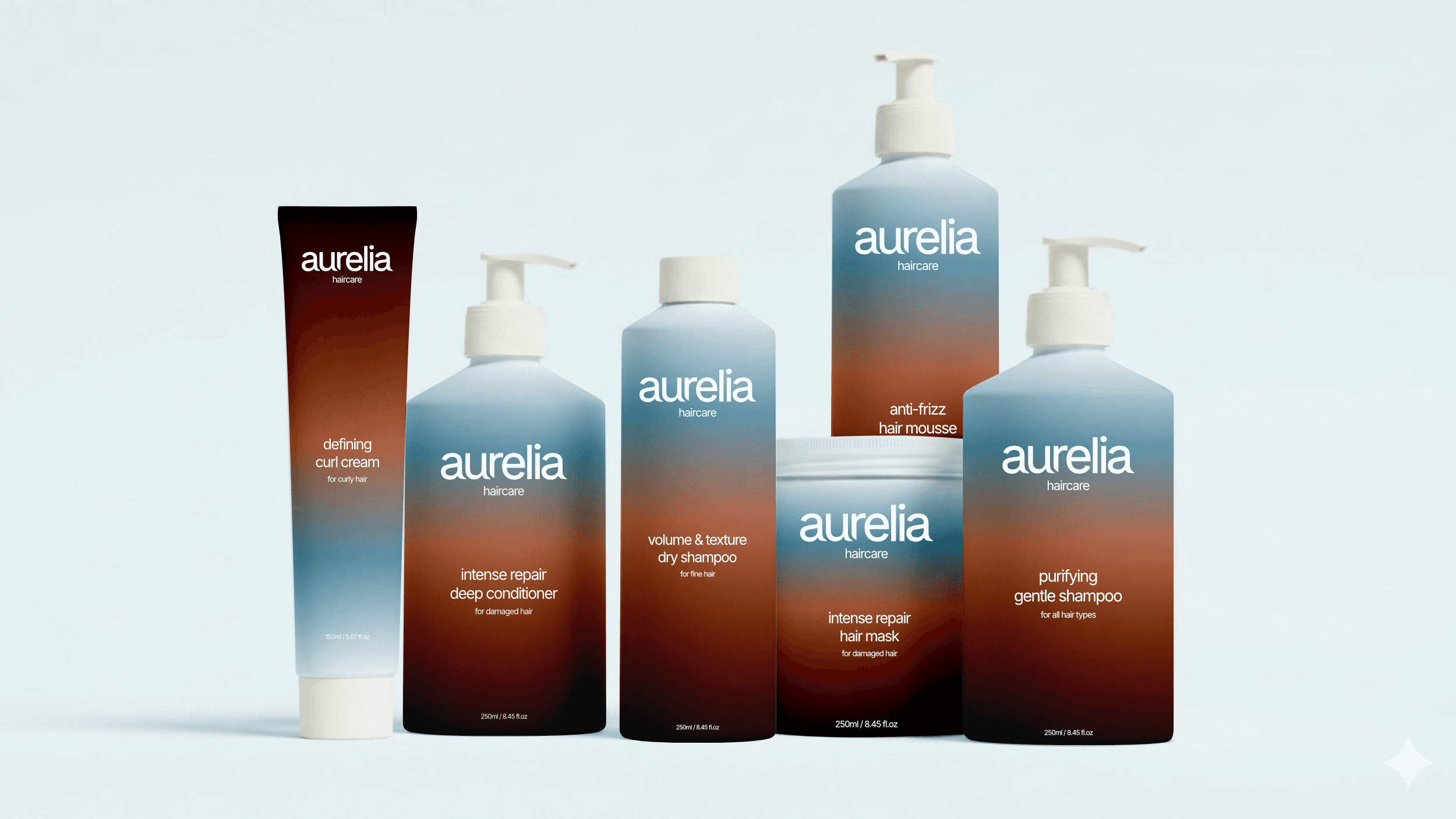 Aurelia Haircare packaging design bottles. The bottle features a simple design with a blue and brown gradient.