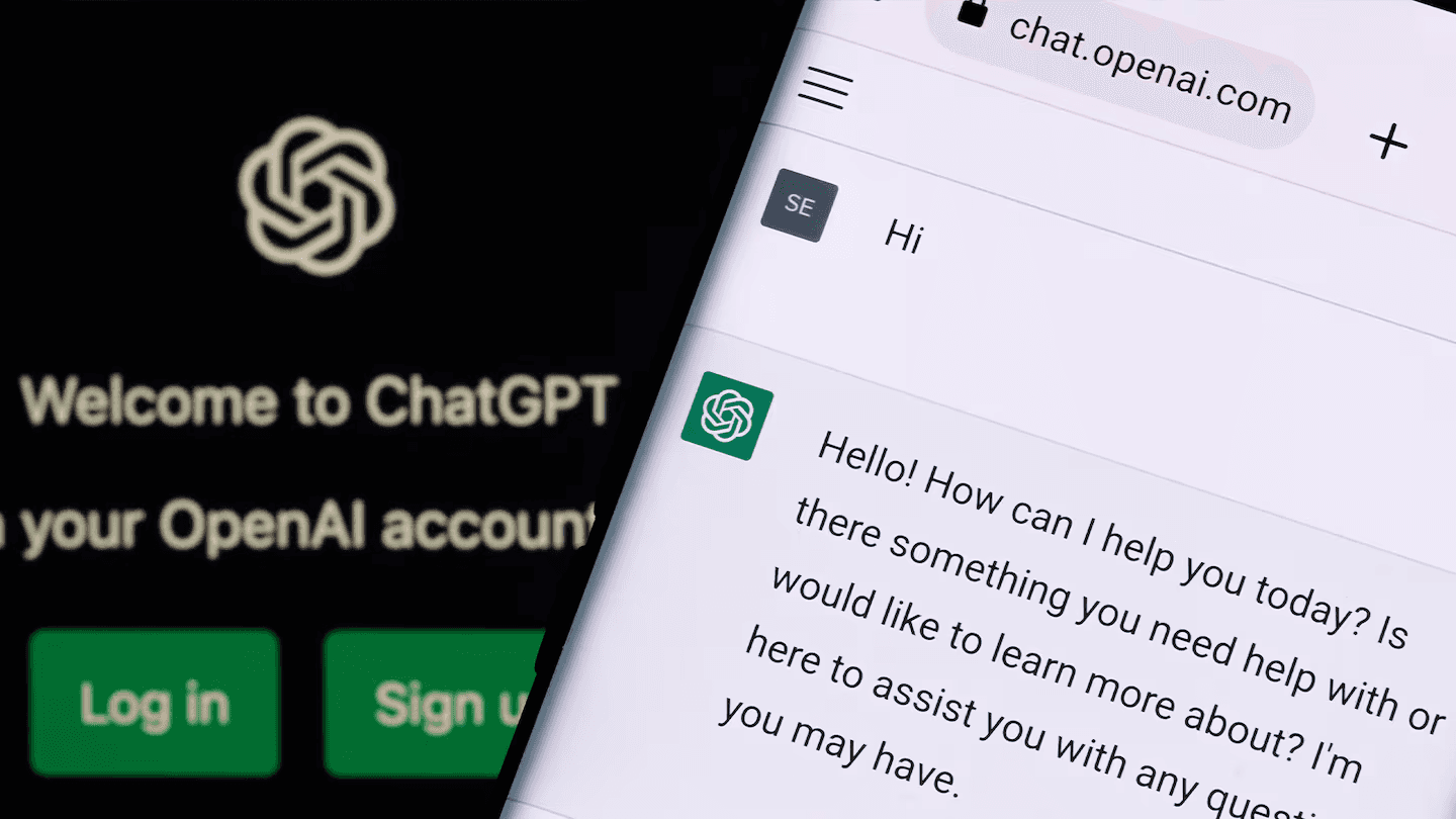 ChatGPT-Willkommensbildschirm mit Anmeldeoptionen und einer Unterhaltung mit „Hi“ und einer freundlichen Chatbot-Antwort auf chat.openai.com.