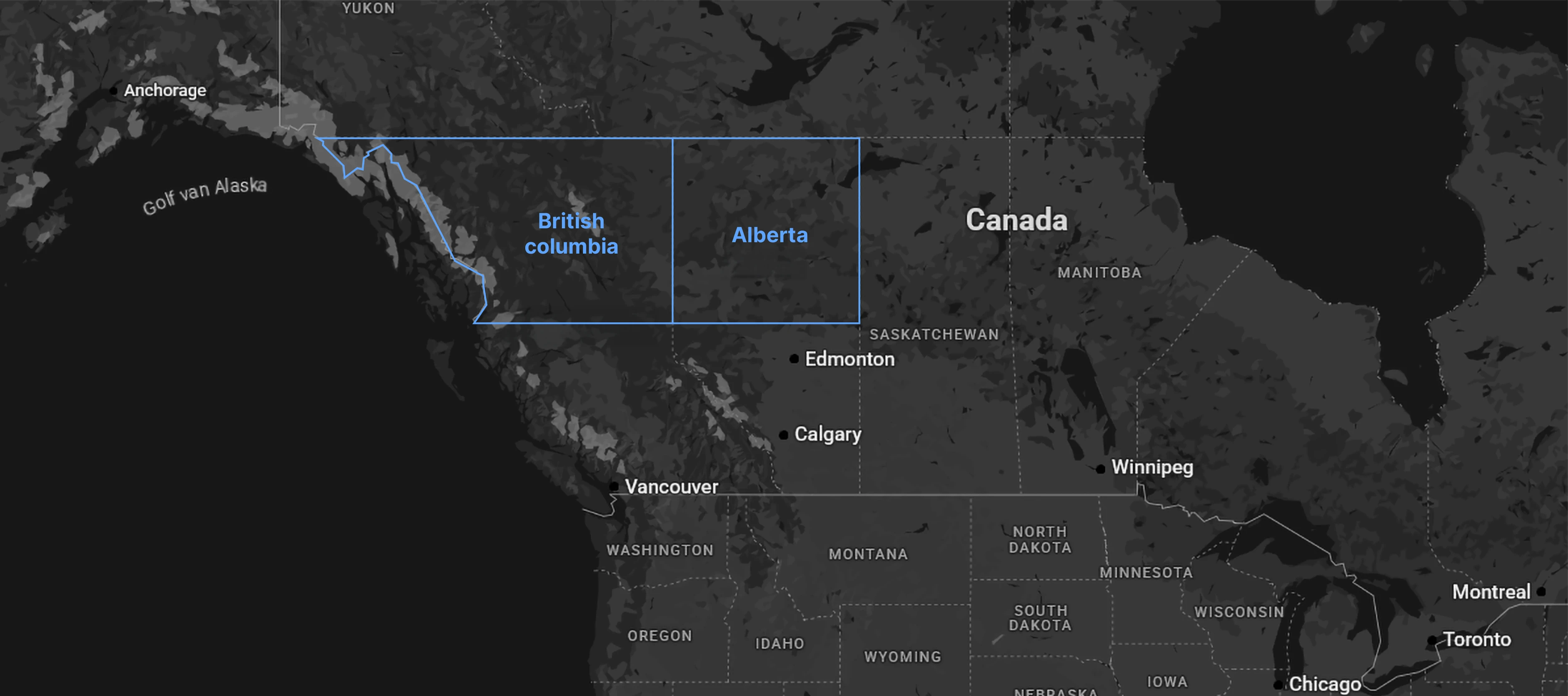 Map of canada, Northern British-columbia and Alberta. The service area of Alpine HVC
