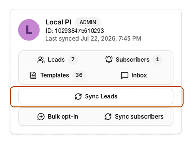 A connected Facebook page row showing Leads, Subscribers, Templates and Inbox counts, with the Sync Leads button highlighted.