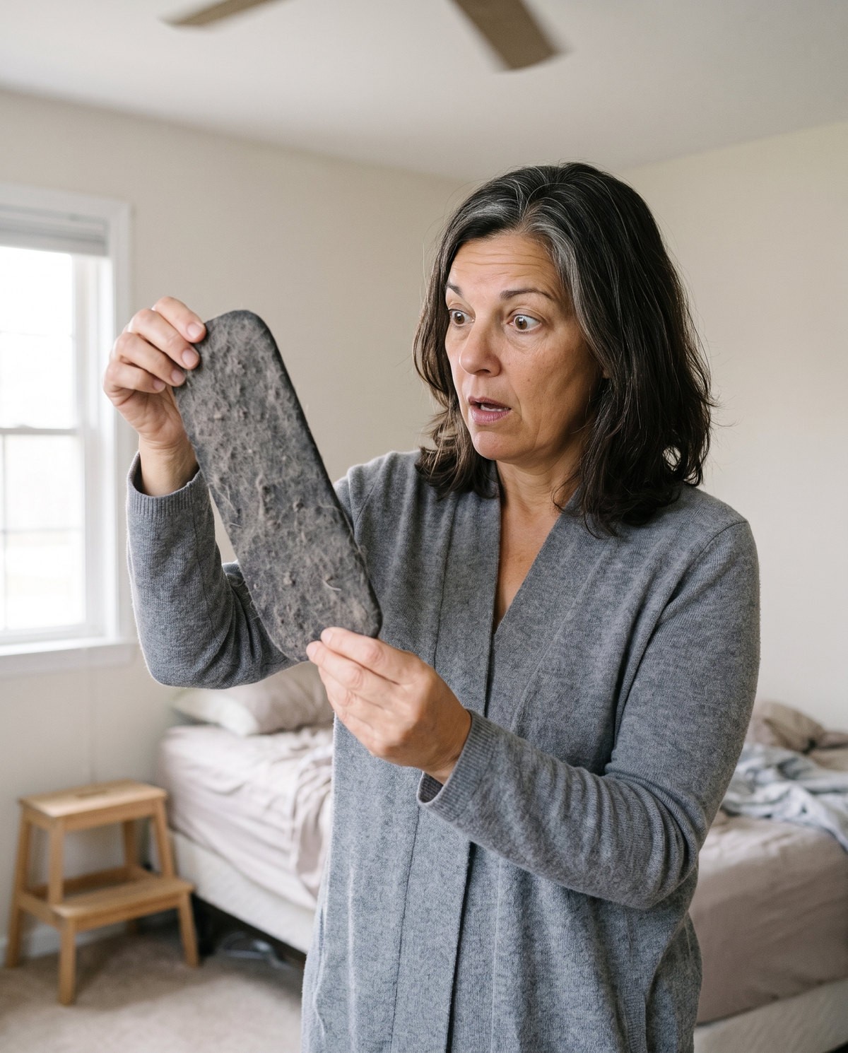 Diane holding the grey, dust-matted Barnakl filter pad up in both hands in her bedroom, staring at it in disbelief.