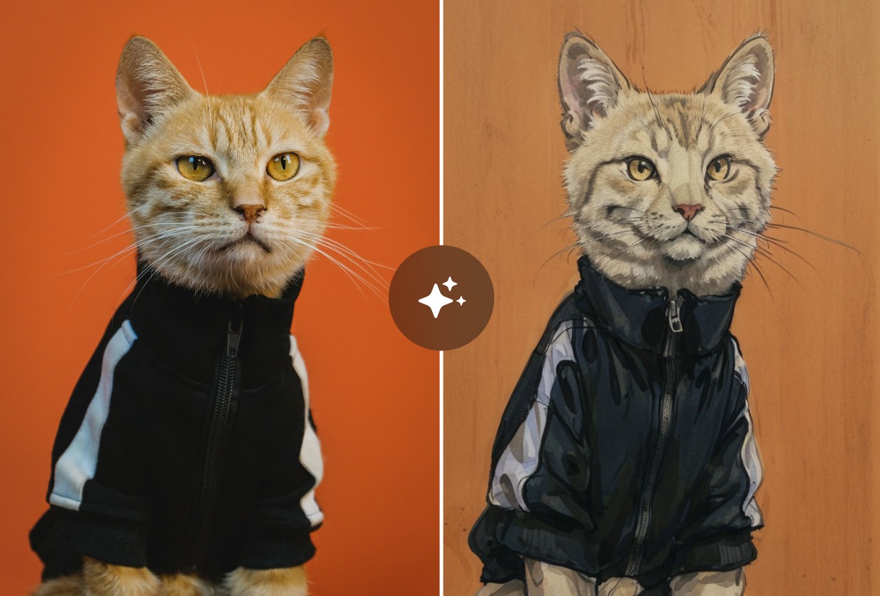 Professional AI pet cartoon filter comparison of a ginger tabby cat wearing a sporty black and white jacket. Left side shows the original photograph with vibrant orange background, while right side displays a detailed illustration that transforms the cat into a stylized character with enhanced facial features while maintaining the athletic apparel aesthetic. Perfect example of AI-powered pet portrait conversion technology for customized digital pet art. #AIPetFilter #CatCartoonTransformation.