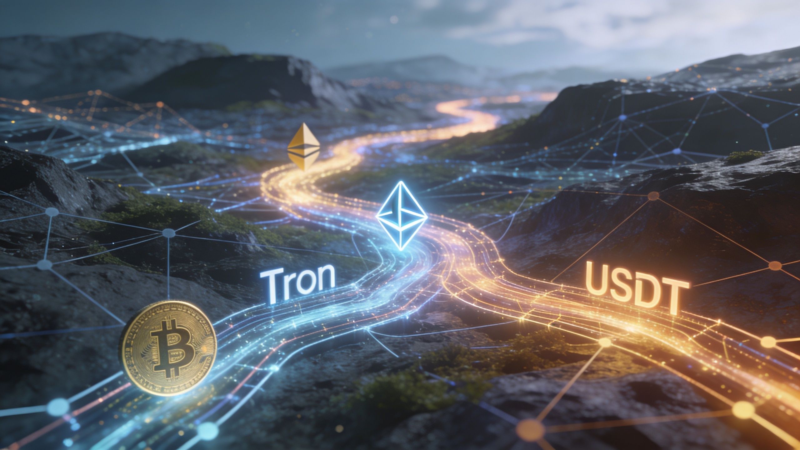 A 3D representation of cryptocurrency logos including Bitcoin, Ethereum, Tron, and USDT on a digital network landscape.