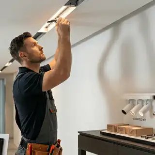 Worker installing lights