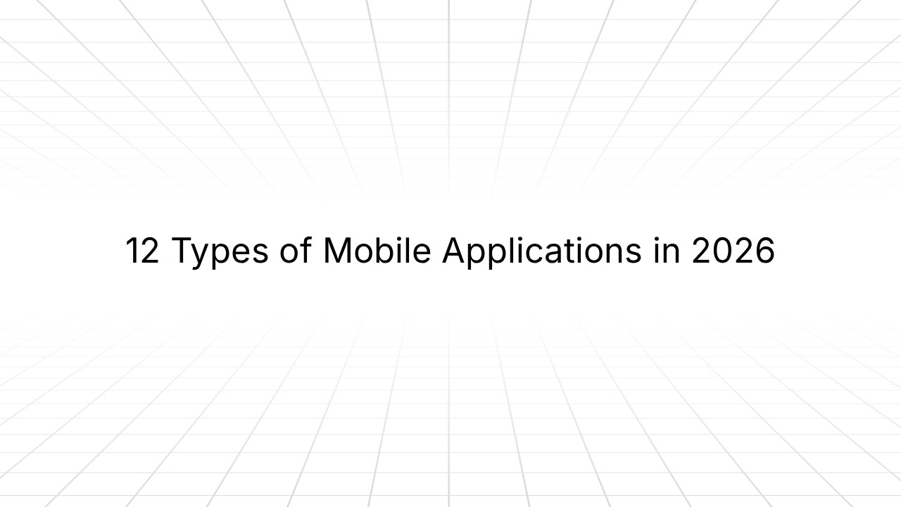 Title slide with the text ‘12 Types of Mobile Applications in 2026’ centered on a light gray background featuring a subtle perspective grid pattern.