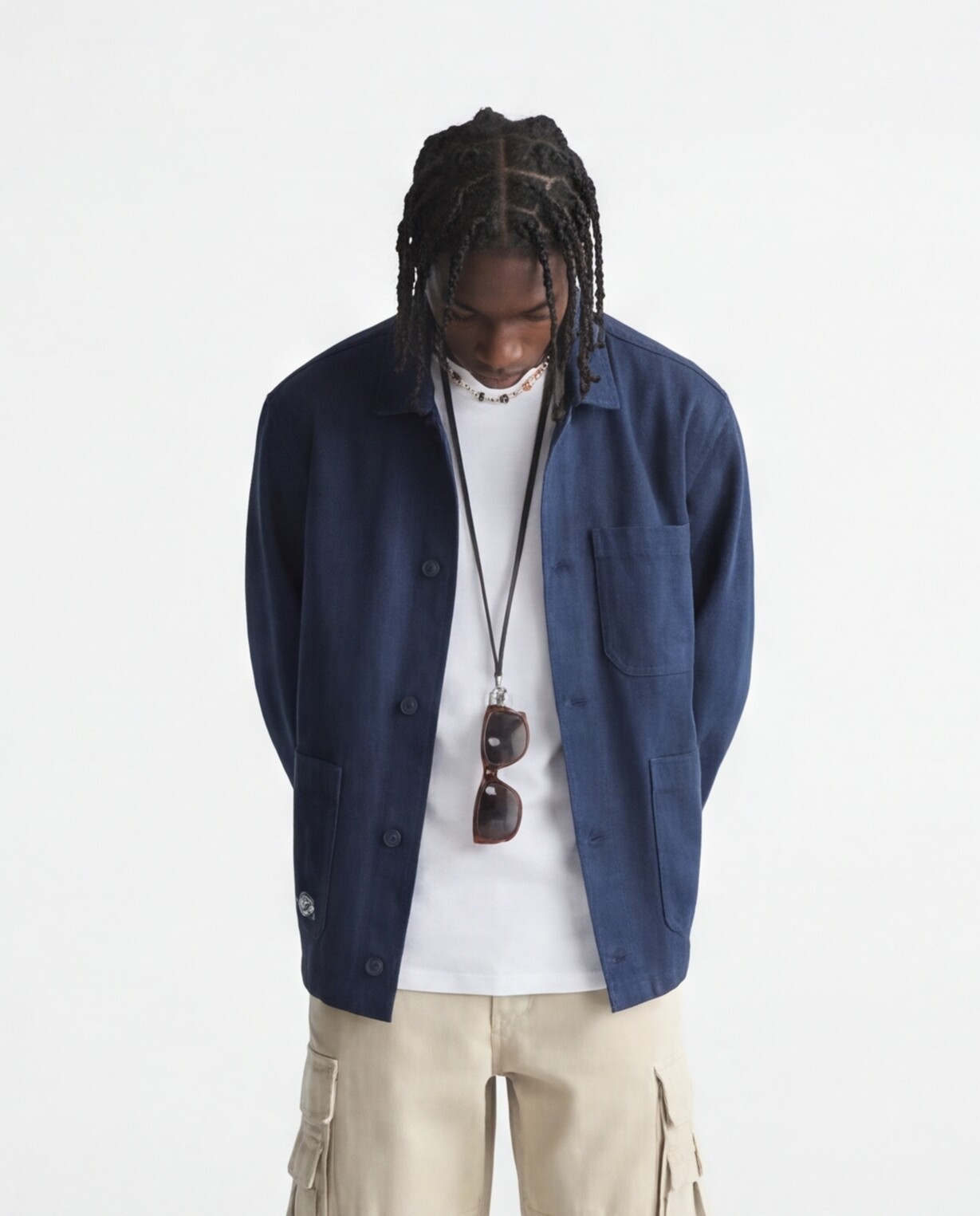 Navy Utility Jacket with Beige Cargo Trousers