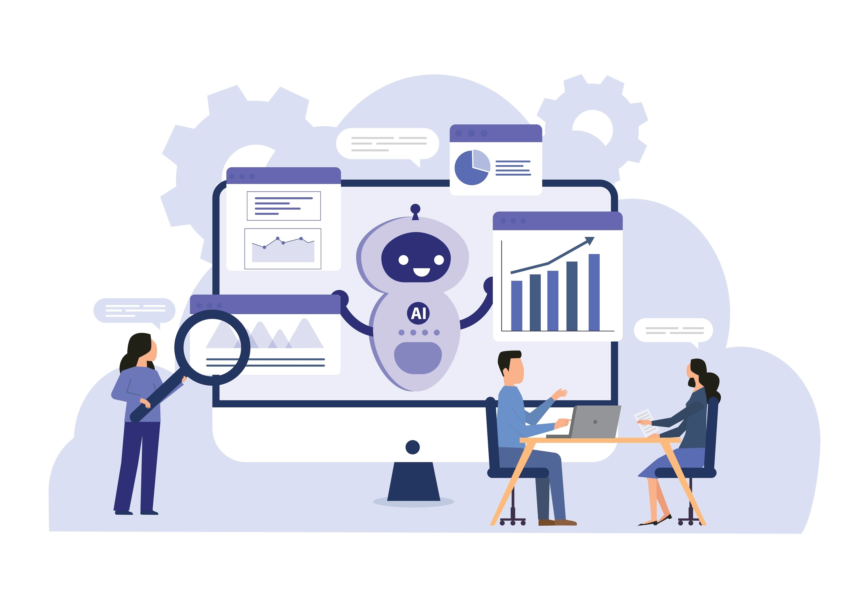 AI robot analyzing marketing dashboards and performance charts alongside a marketing team