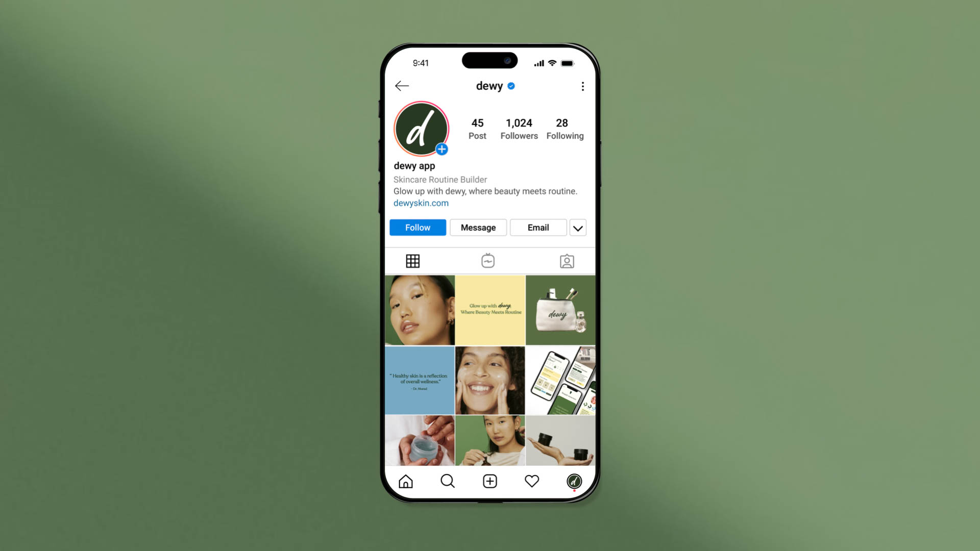 A smartphone displays a social media app interface. The app features a circular profile picture with a stylized "d" logo, a post count of 45, follower count of 1,024, and time (28). Below the post count, the app shows "dewy app" and a link to "dewyskin.com". The main screen displays a grid of thumbnail images, including posts with text like "Skincare Routine Builder" and "Follow." Navigation buttons for "Home," "Messages," and "Notifications" are visible at the bottom. The background of the app interface is white, and the phone's status bar shows signal strength, battery level, and a Wi-Fi icon.