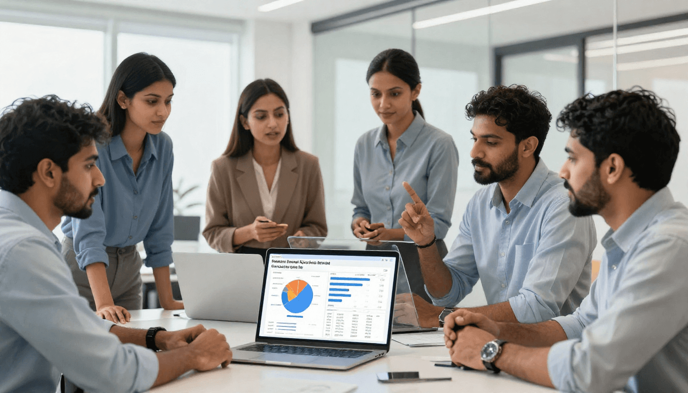 real Indian startup founders and HR professionals analyzing hiring funnel metrics in a modern office.