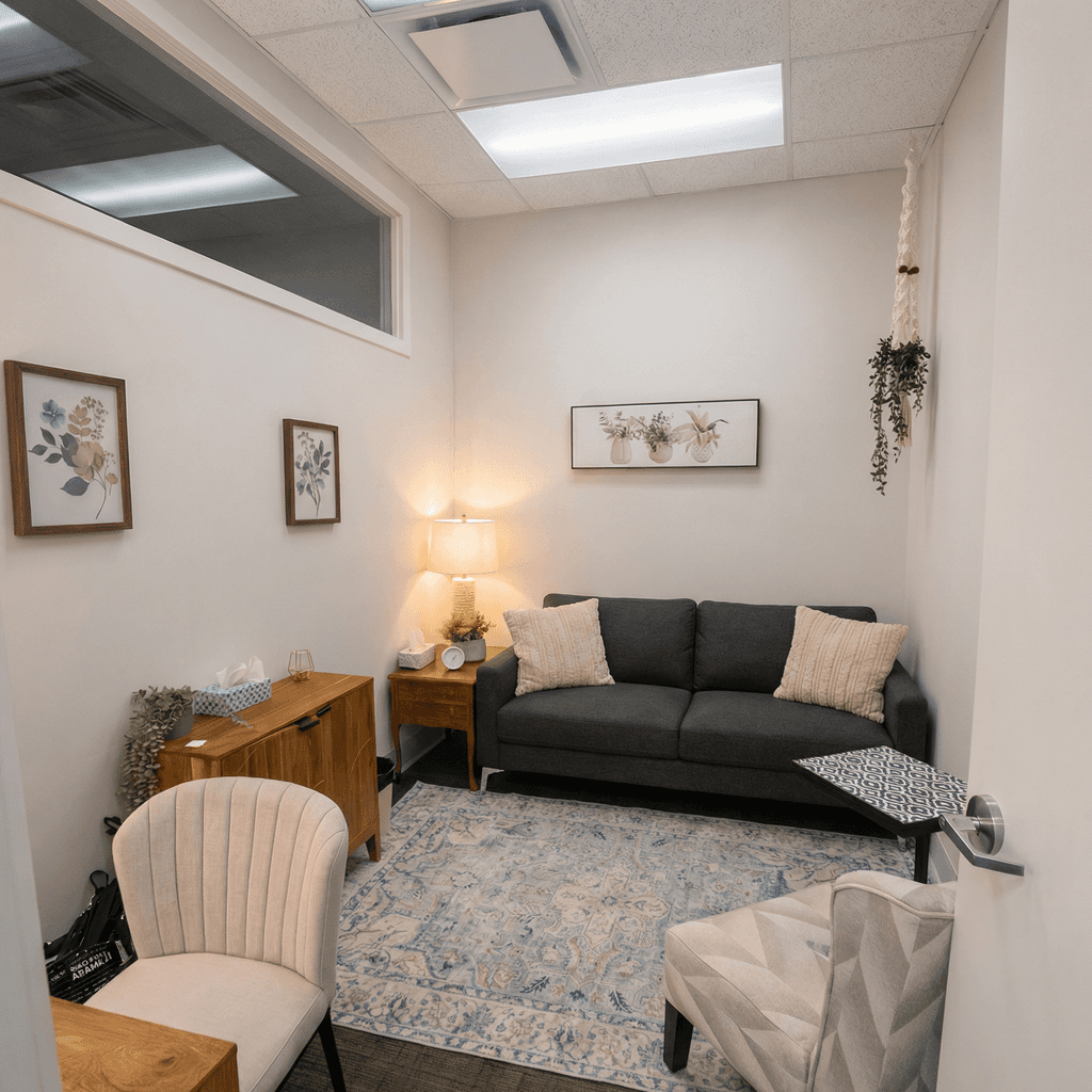 Individual therapy room with skylight and comfortable seating at Sonder Counselling Calgary Alberta