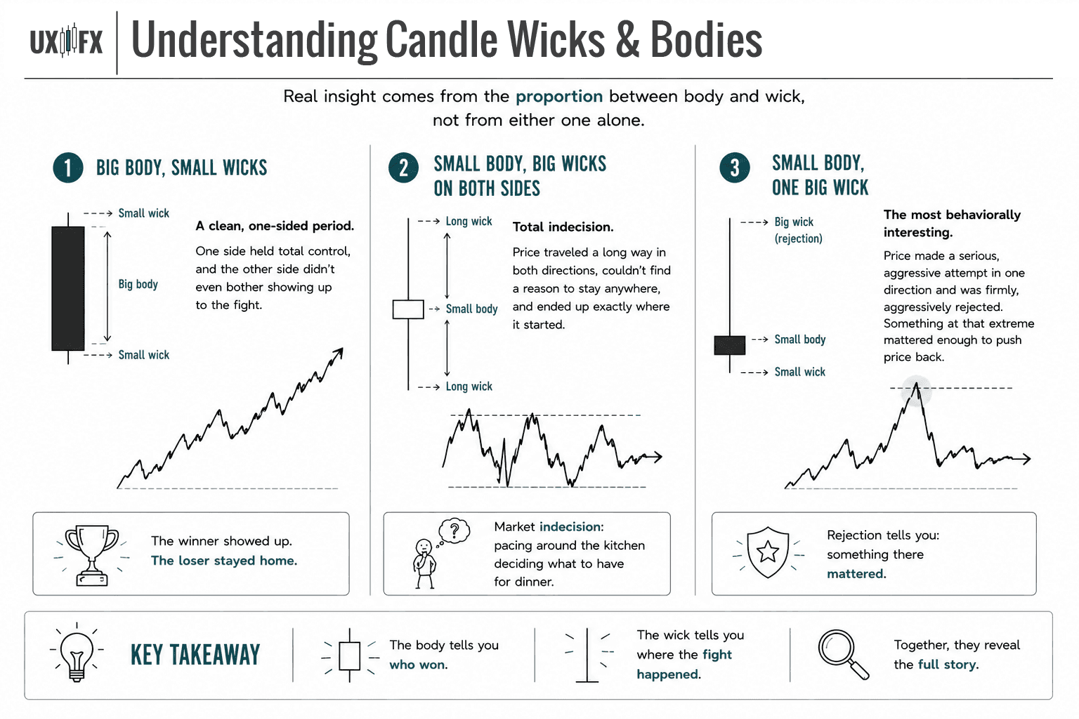 Educational infographic explaining how to interpret the relationship between a candlestick's body and wick. Three side-by-side examples compare common body-to-wick proportions: a large body with small wicks representing strong directional control by one side of the market, a small body with long wicks on both ends representing indecision and a lack of conviction, and a small body with one long wick illustrating a strong price rejection after an aggressive move that failed. Supporting charts reinforce each scenario, emphasizing trend continuation, sideways uncertainty, and rejection from a key price level. The infographic concludes that the candlestick body reveals who won the trading period, while the wick reveals where the battle occurred, and that reading both together provides the clearest insight into market behavior. The design uses a minimalist UX wireframe aesthetic with grayscale illustrations and subtle teal accents.
