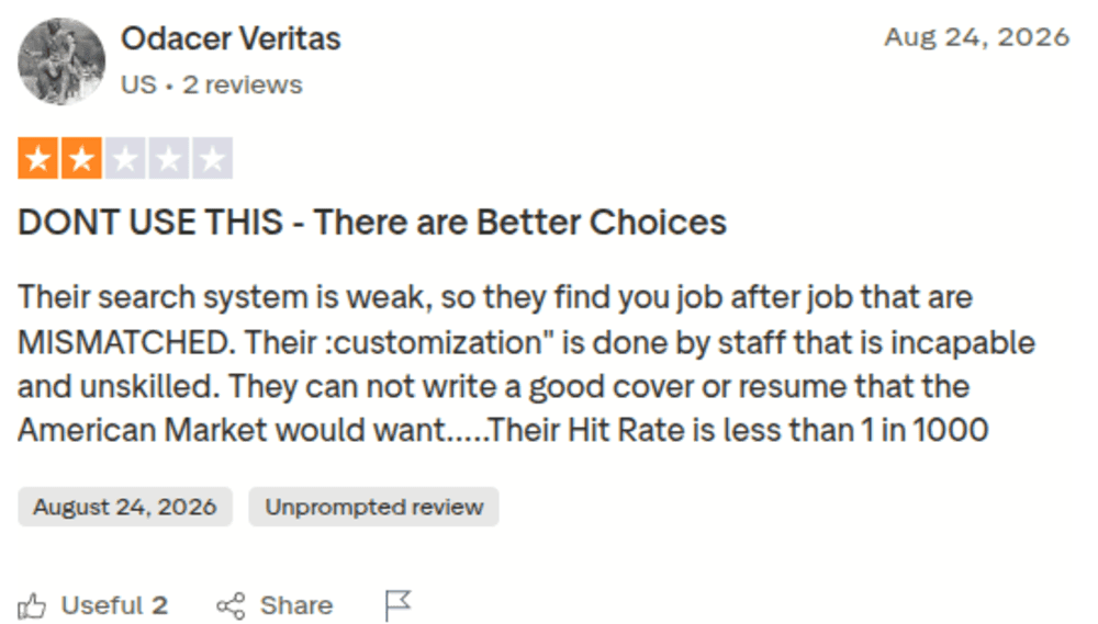 Scale.jobs one-star Trustpilot review saying job matches are weak with a low hit rate