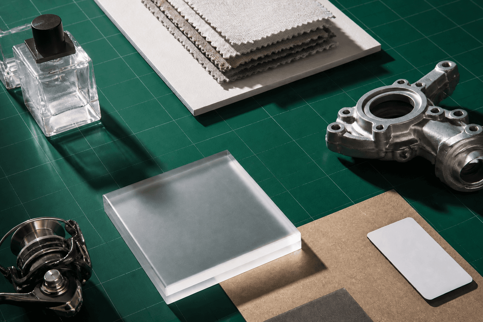 Perfume bottle, fabric swatches and product samples arranged on a green sourcing inspection grid