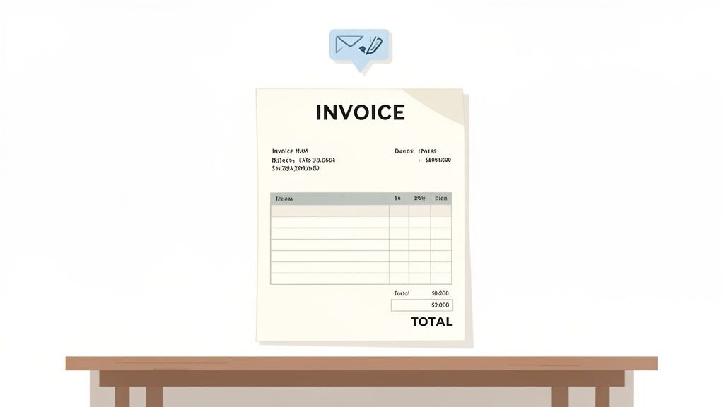 An illustrated invoice document displayed on a brown table with an email icon above.