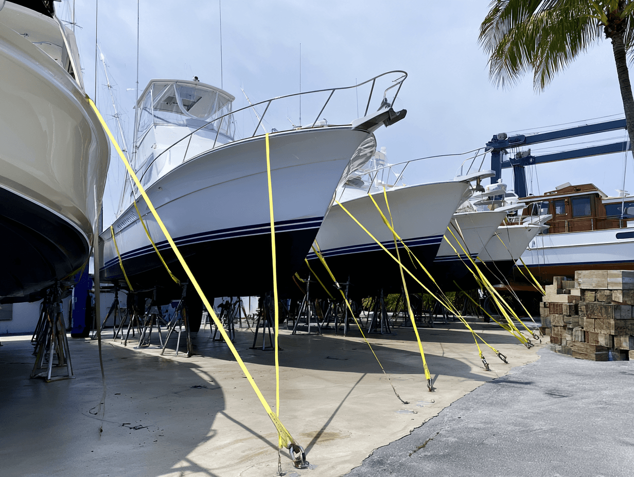 Boats on jack stands in a Florida boatyard, strapped down to eyes set in the concrete, with a travel lift behind them