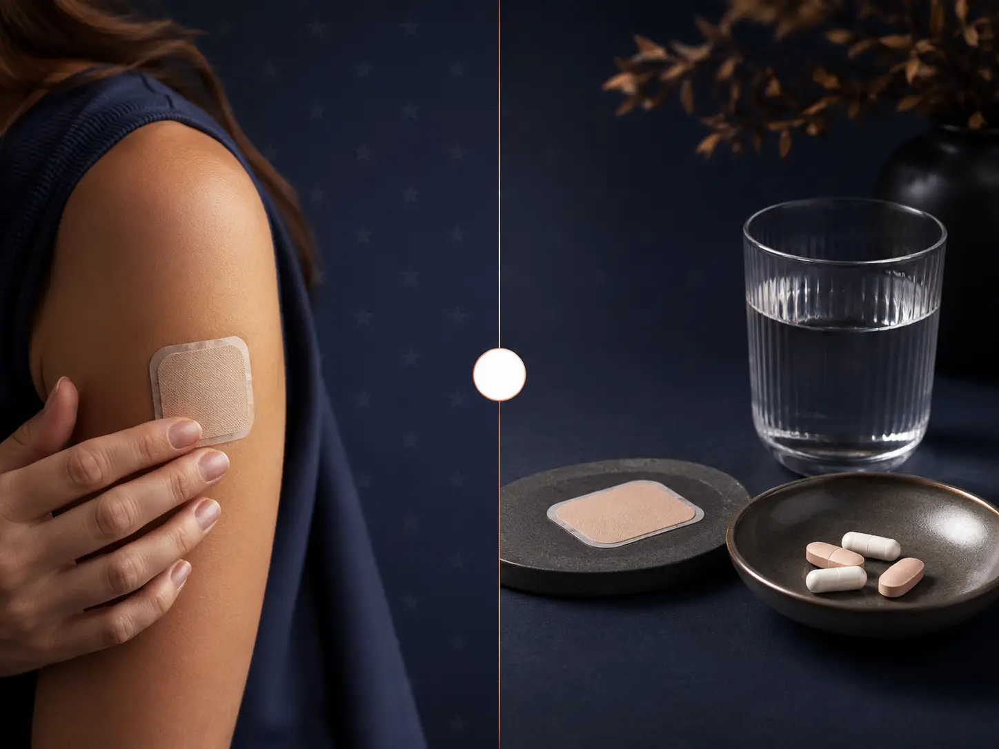 Transdermal patch on a bare shoulder beside a glass of water and pills