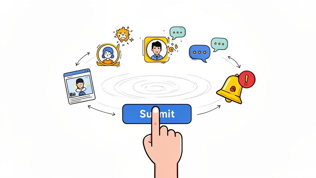 A hand pressing a 'Submit' button, initiating a circular workflow with various user and notification icons.