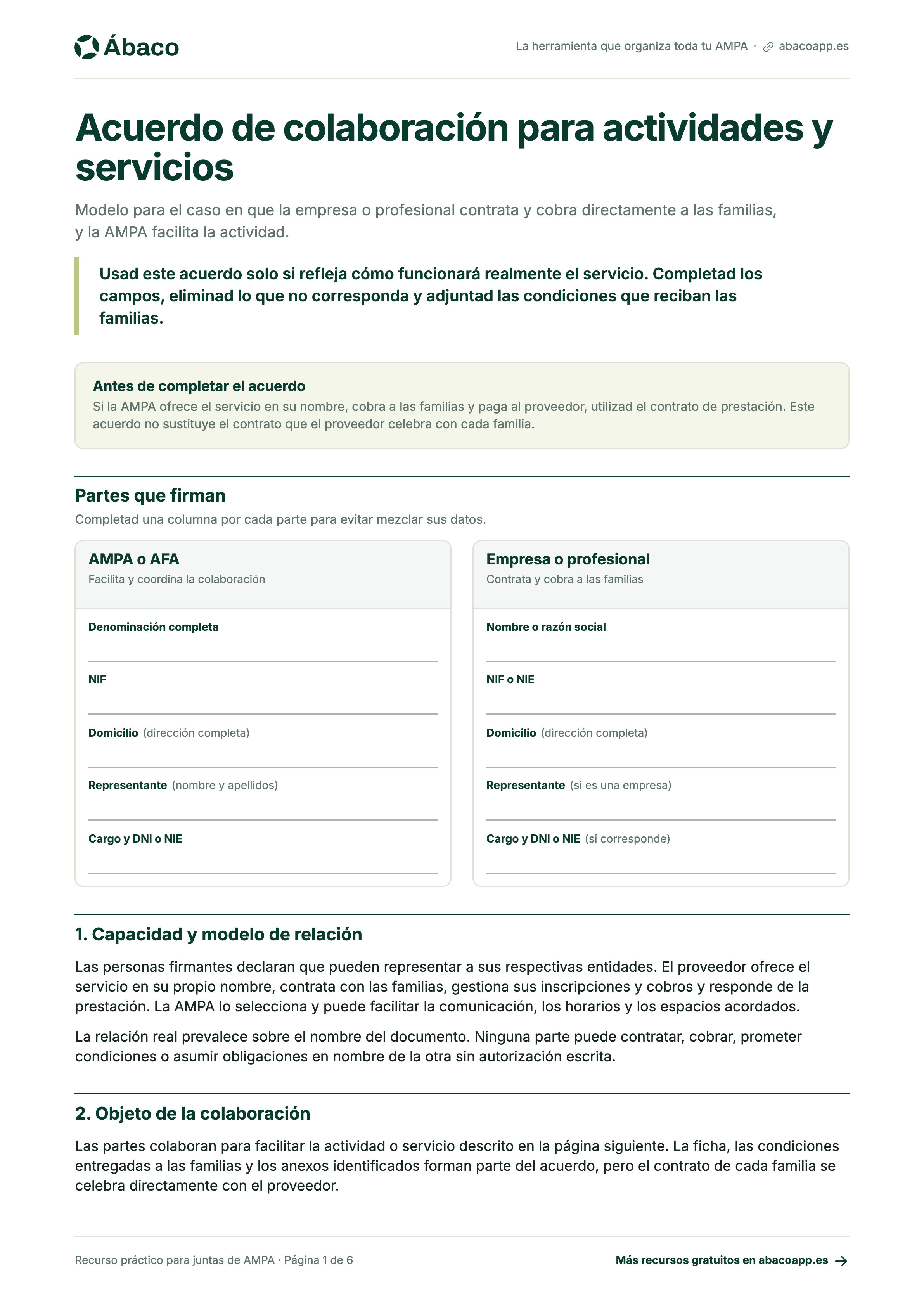 Vista previa del acuerdo de colaboración para actividades y servicios de una AMPA