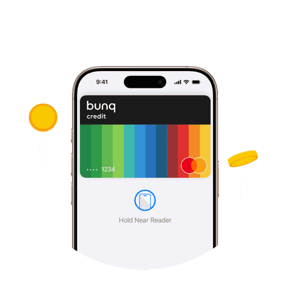 Een smartphone met een scherm vol kleurrijke, gestreepte patronen en een ronde knop met het label "play.
