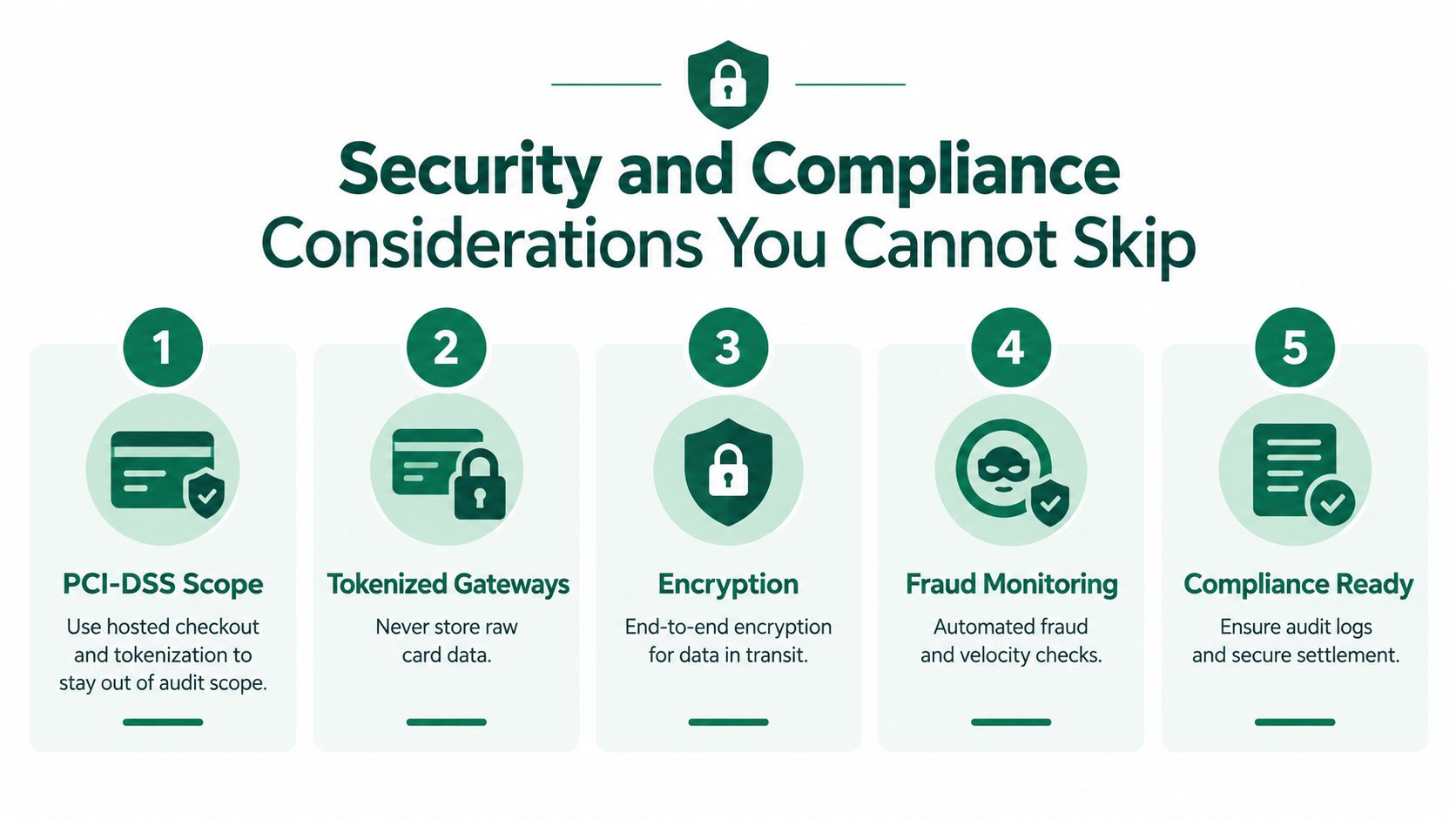 A diagram outlining five essential security and compliance considerations for businesses managing automated payment processing workflows.