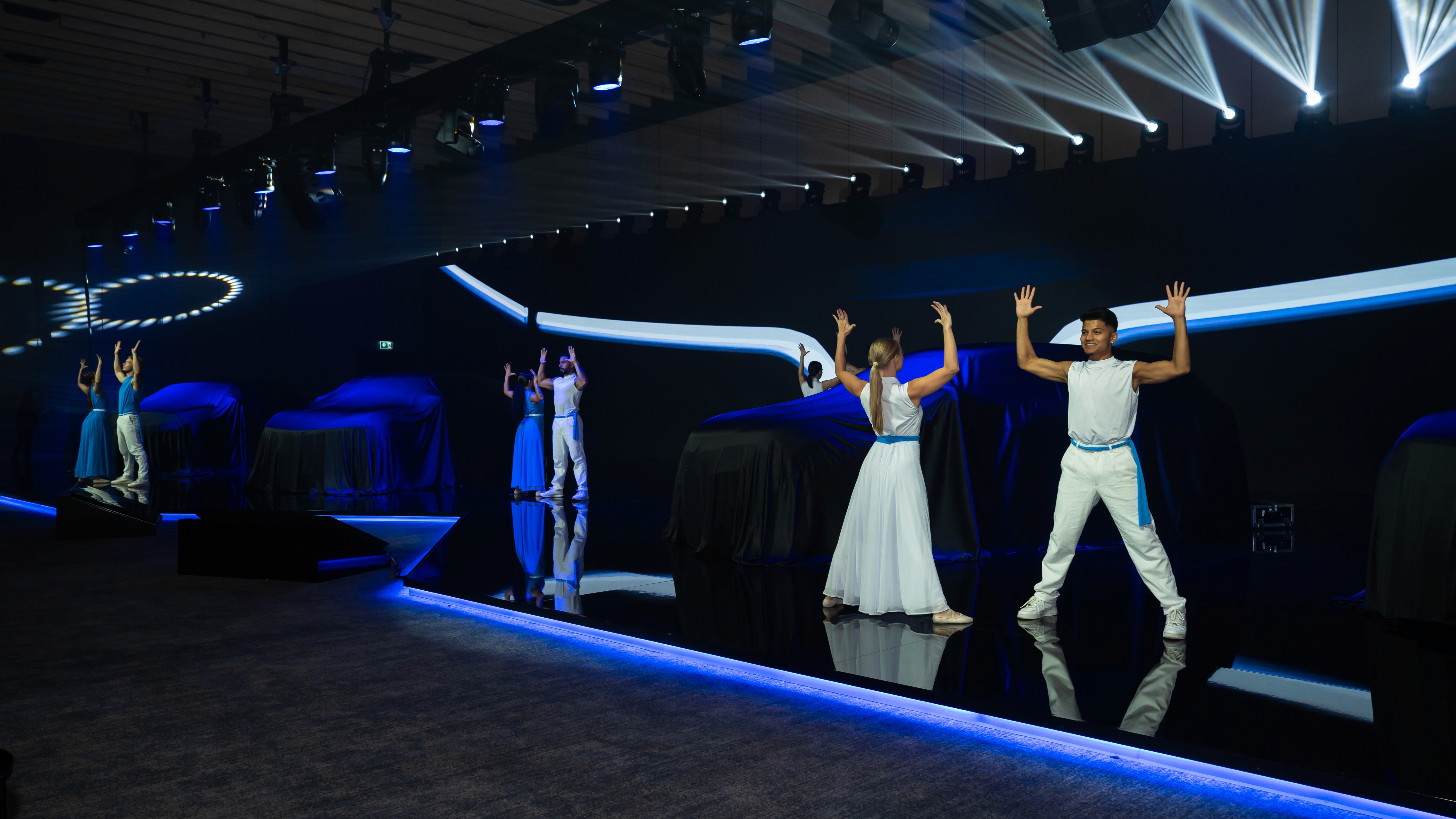 Product launch entertainment in Dubai with live performers, dancers, LED screen visuals, and corporate event entertainment reveal moment.
