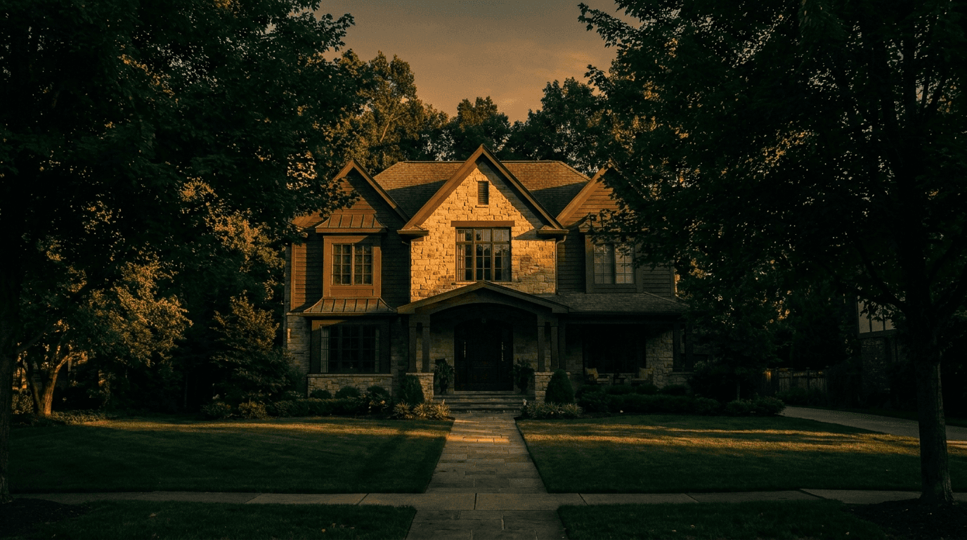 Elegant established Pittsburgh neighborhood luxury home at golden hour