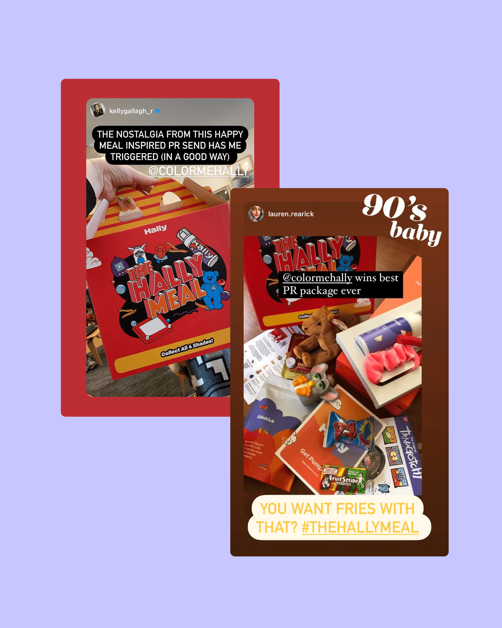 Instagram Story screenshots show beauty editors reshare the Hally Meal mailer, calling it one of the best PR packages they received.