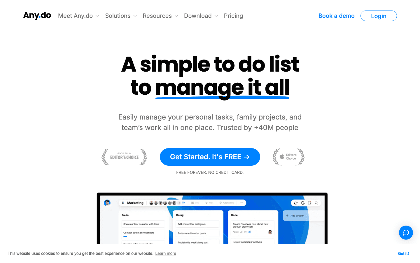 Any.do website screenshot showing task management interface