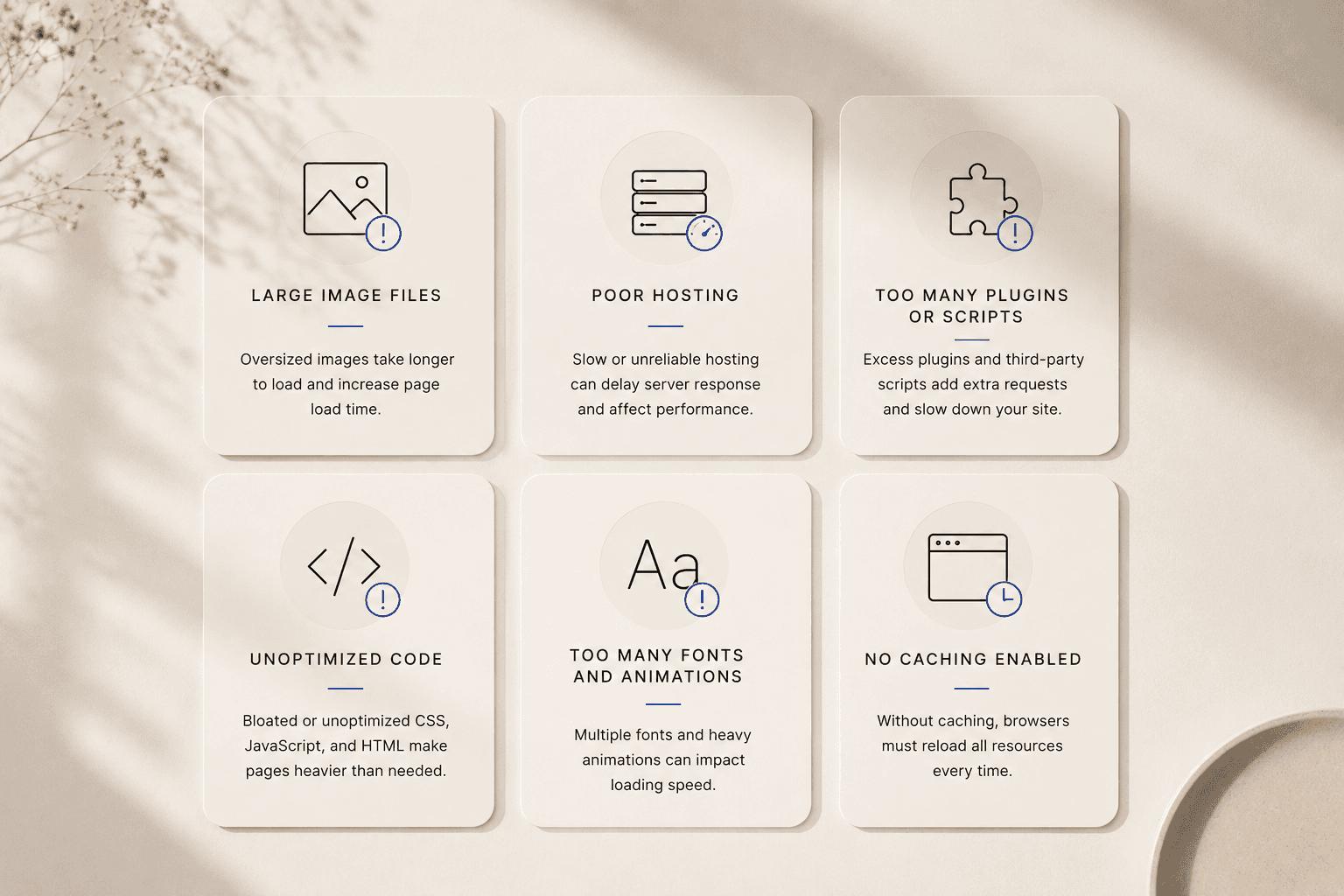 Why Is My Website So Slow? Common factors affecting website speed including large images, poor hosting, plugins, and unoptimized code