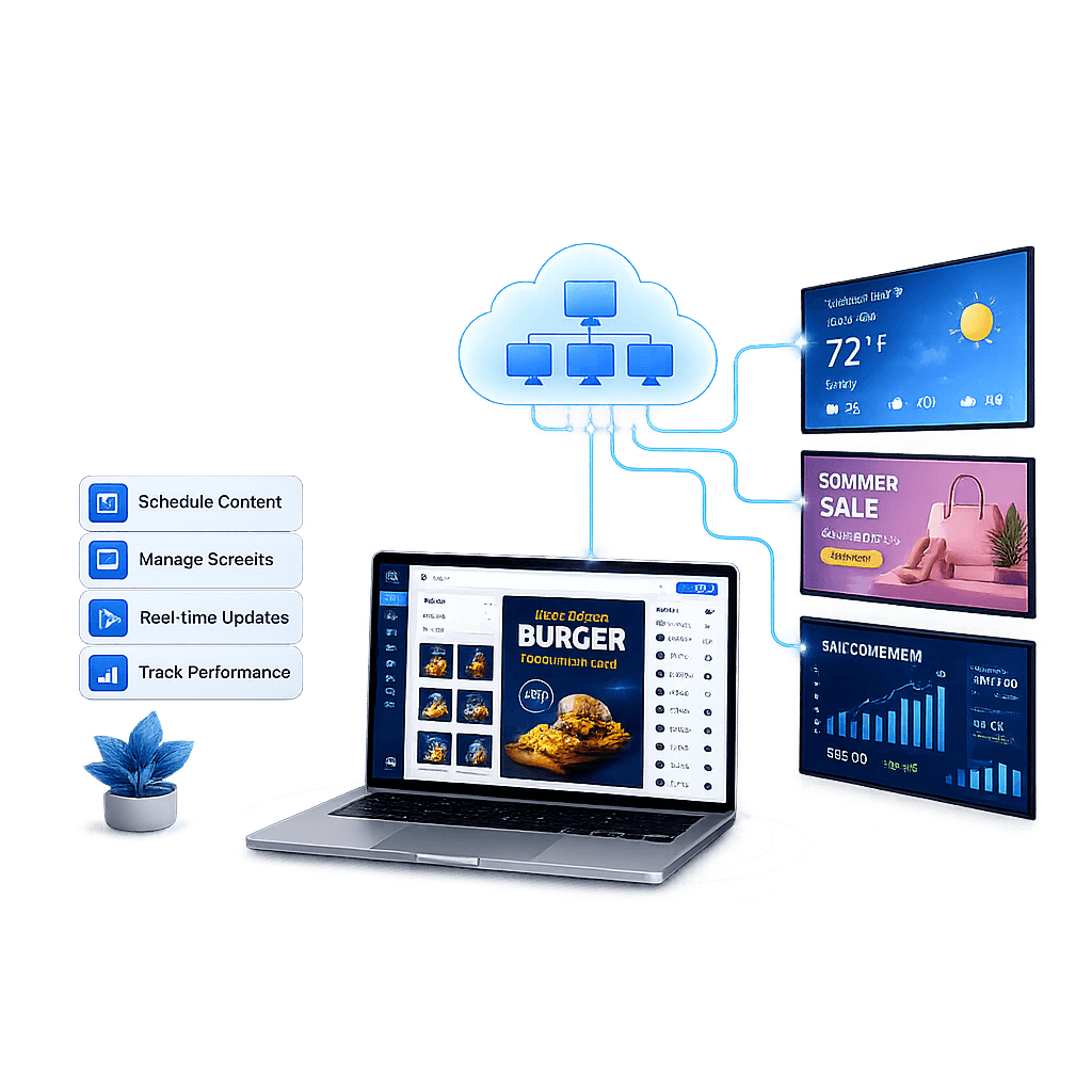 Digital menu board software in a restaurant displaying real-time food items and dynamic pricing