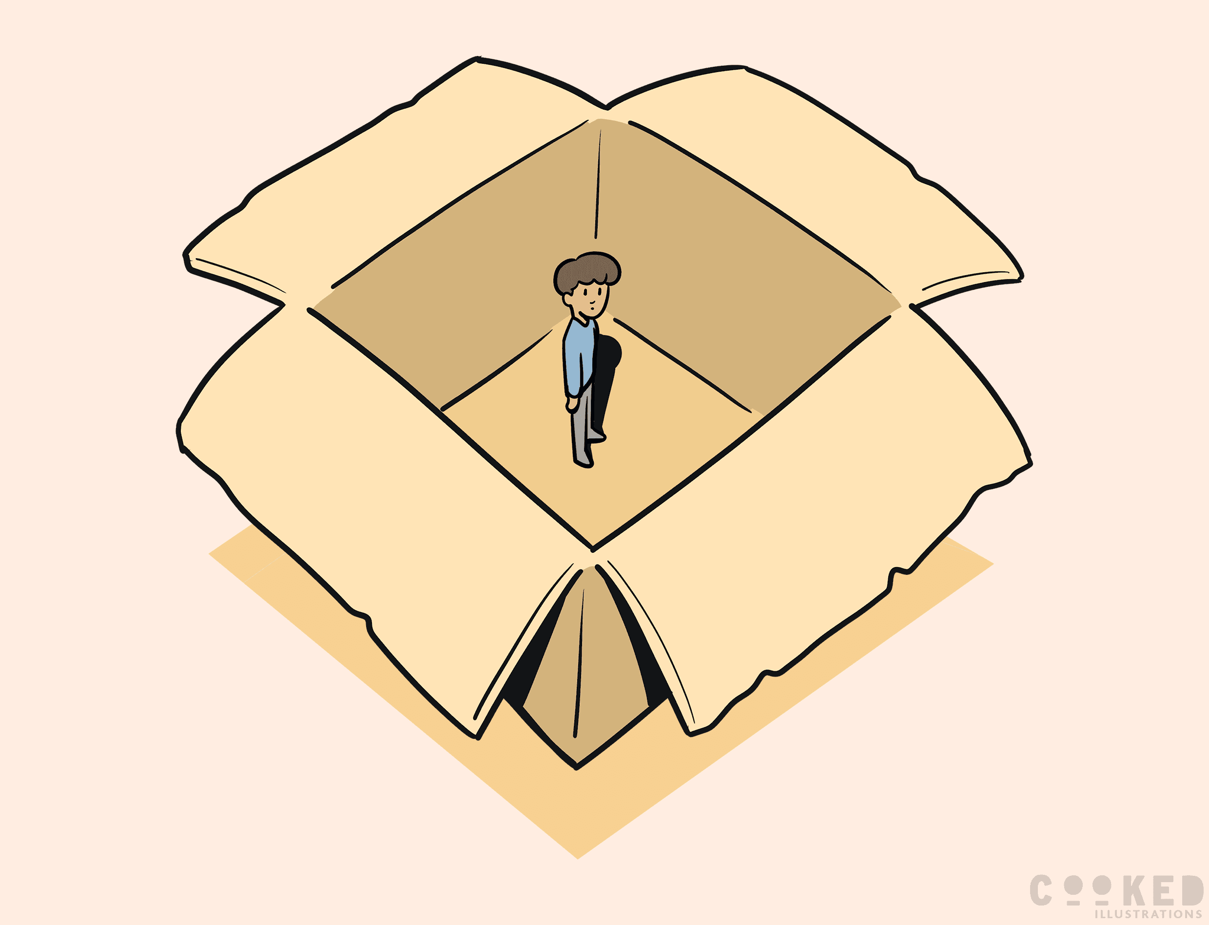 Illustration showing a young person, small, inside a carboard box. It evokes a sense of smallness and of something abandoned.