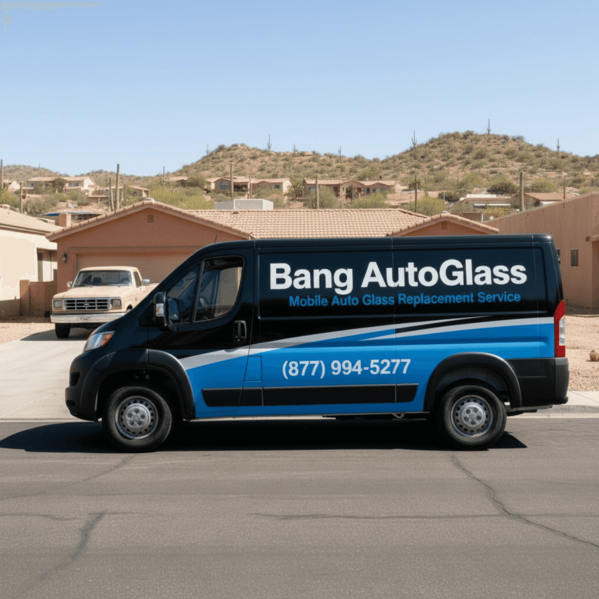 Bang AutoGlass van out on a mobile windshield service run through a Globe, AZ neighborhood with rugged hills in the distance