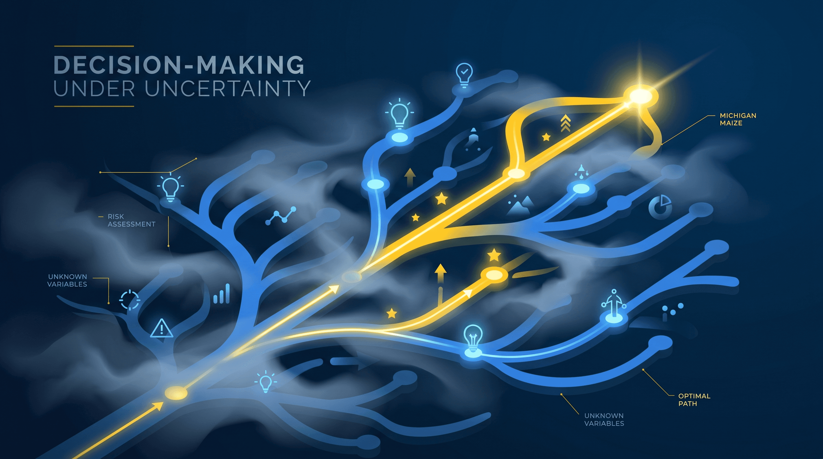 Decision-Making Under Uncertainty - decision-making under uncertainty framework visualization with strategic blue and Michigan maize branding