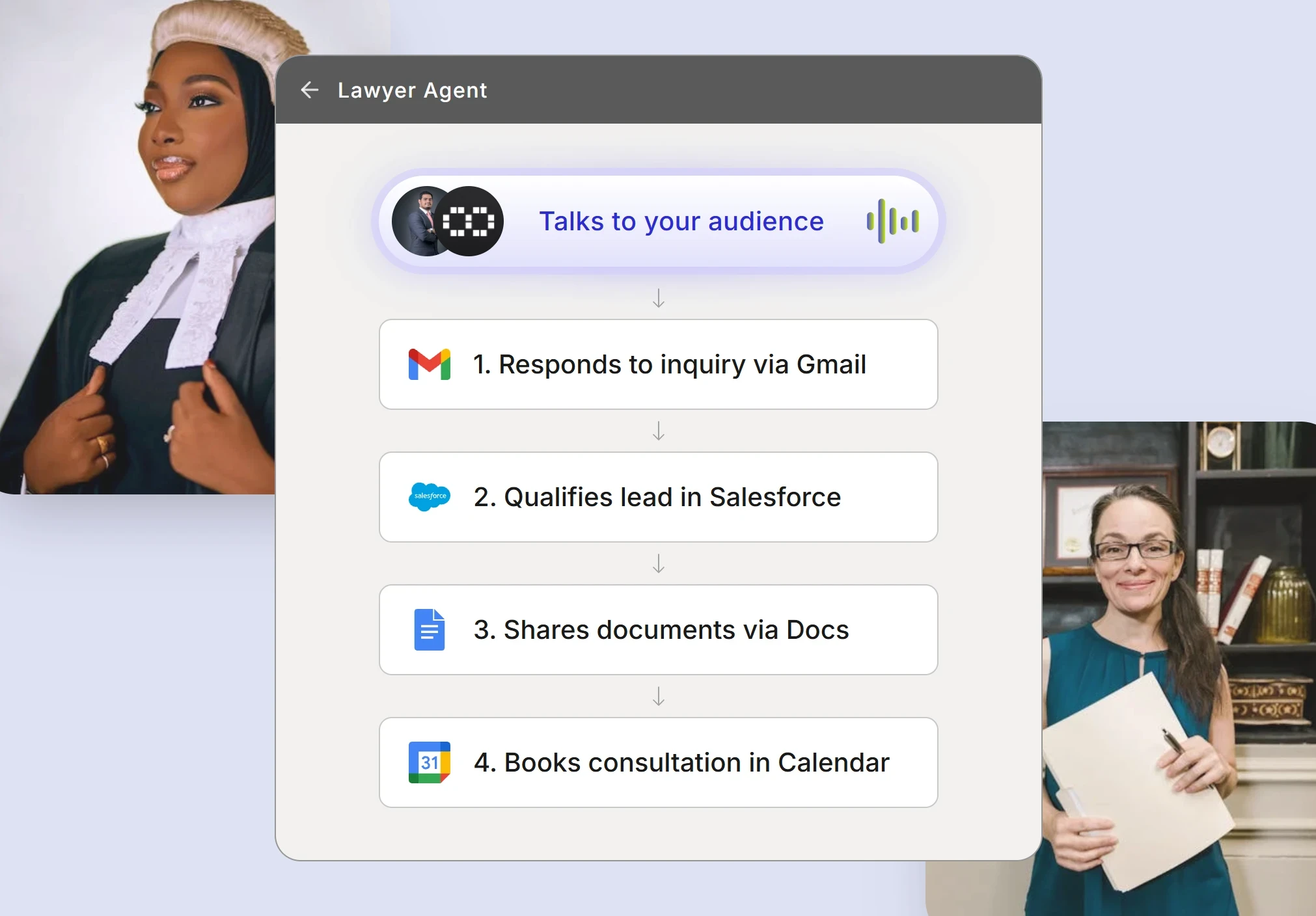 Lawyers automation workflow showing client intake and qualification
