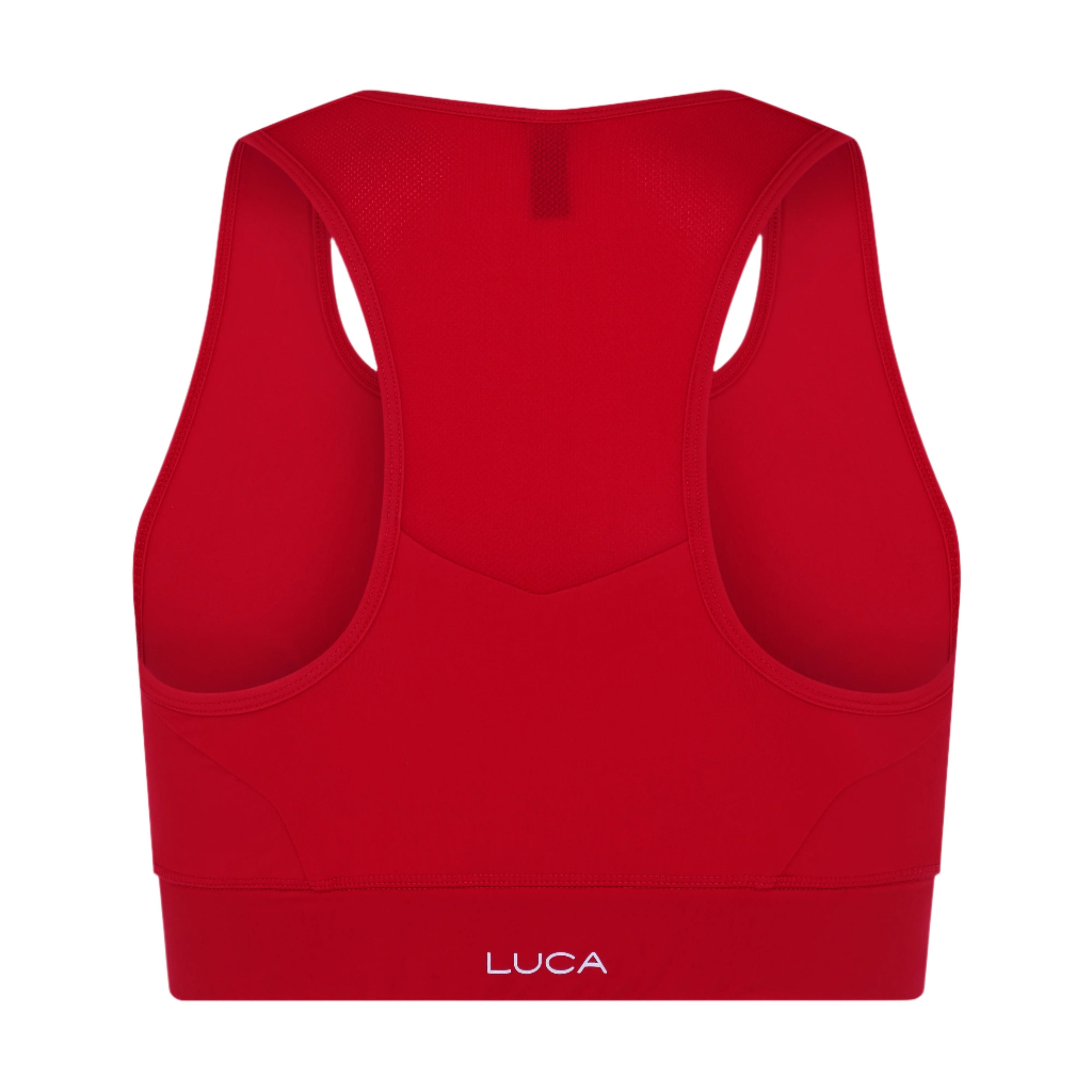 Back-view-of-a-vibrant-red-sports- bra-featuring-a-supportive-racerback-design-with-a-mesh-panel-near-the-neck-Medium-to-high-support-cycling-top-for-cycling