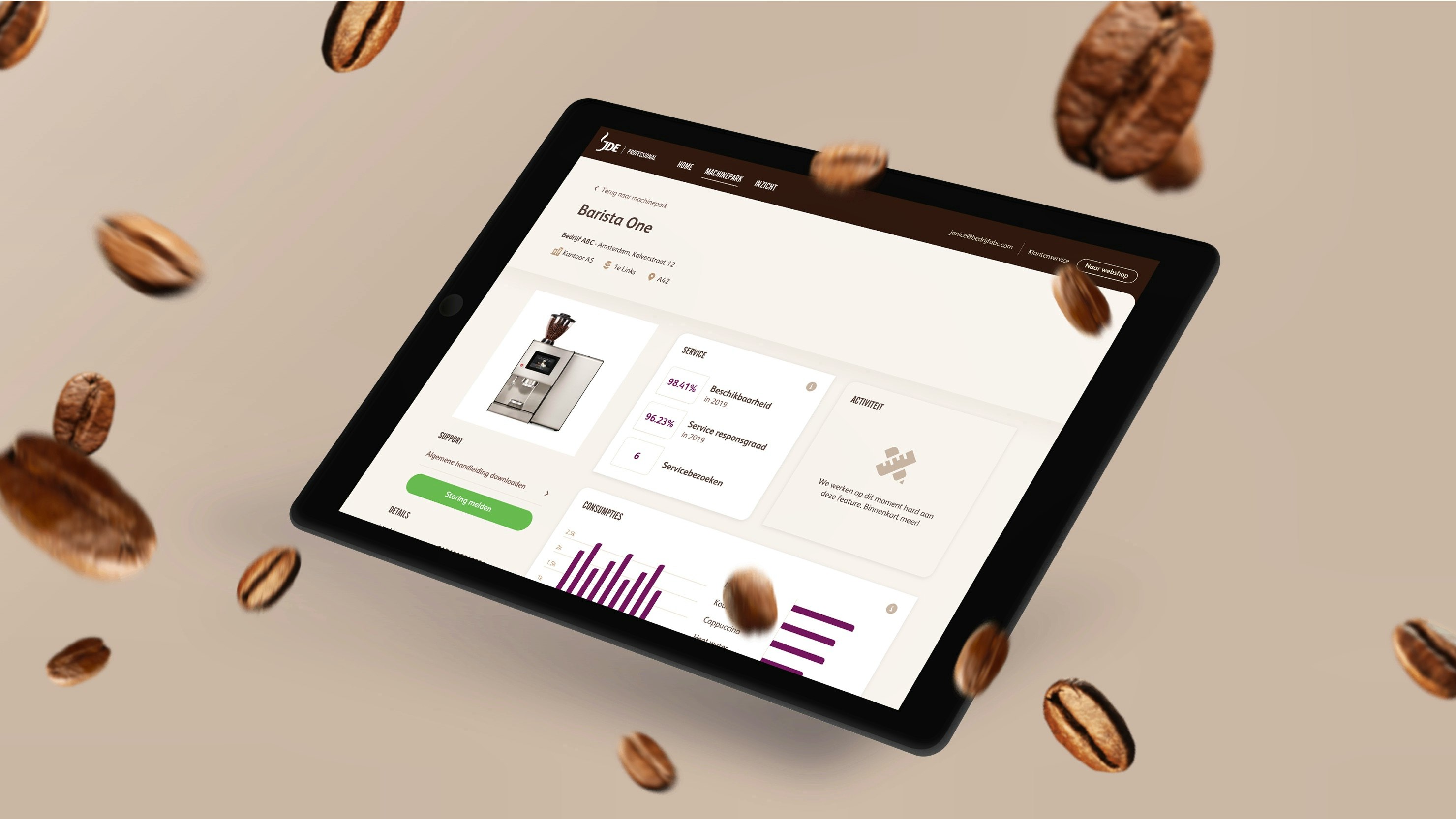 JDE Peet's — tablet floating among falling coffee beans showing the JDE Professional service management portal — Soda Studio case study