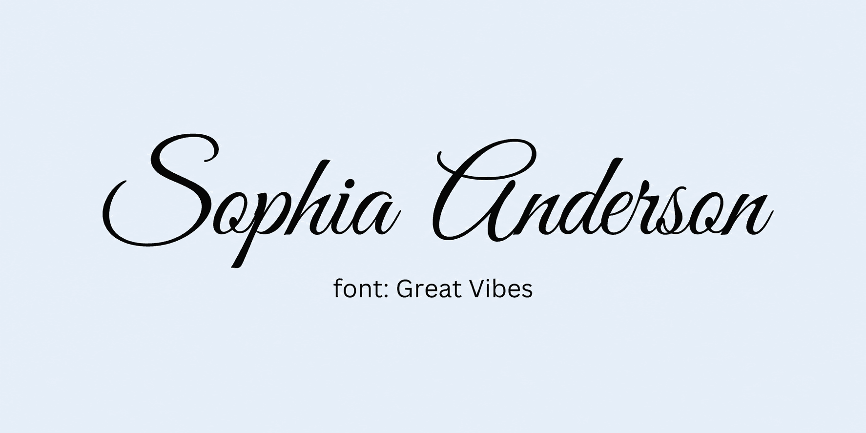 Sample name signed in a cursive signature font on a light background, with the font name labeled below.