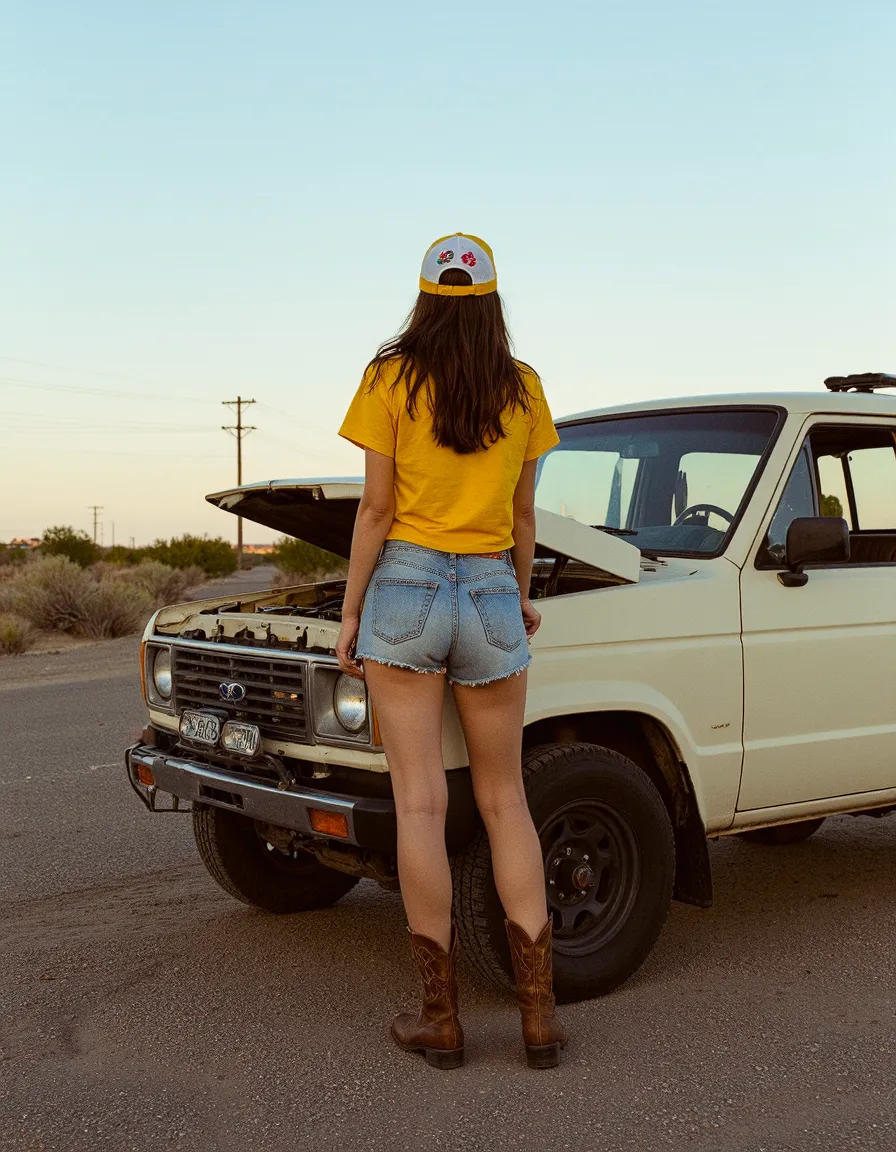 Woman in yellow tshirt and denim shorts standing by vintage truck on desert highway at golden hour
