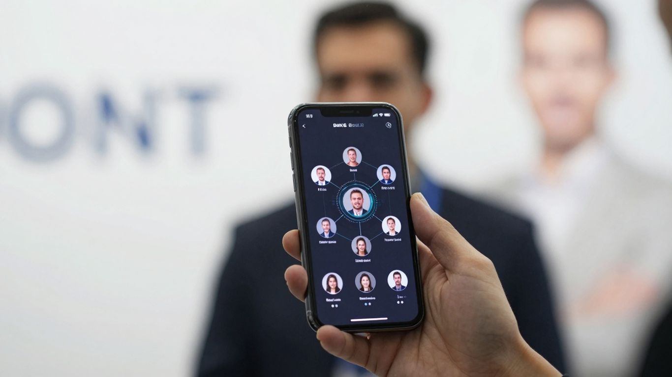 Digital connections and user profiles on a smartphone screen.
