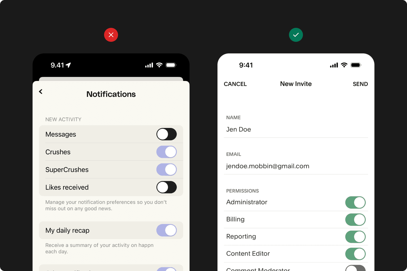 Dois exemplos: o primeiro é uma prática não recomendada com toggles sem contraste. O segundo mostra uma tela de celular com toggles bem contrastantes.