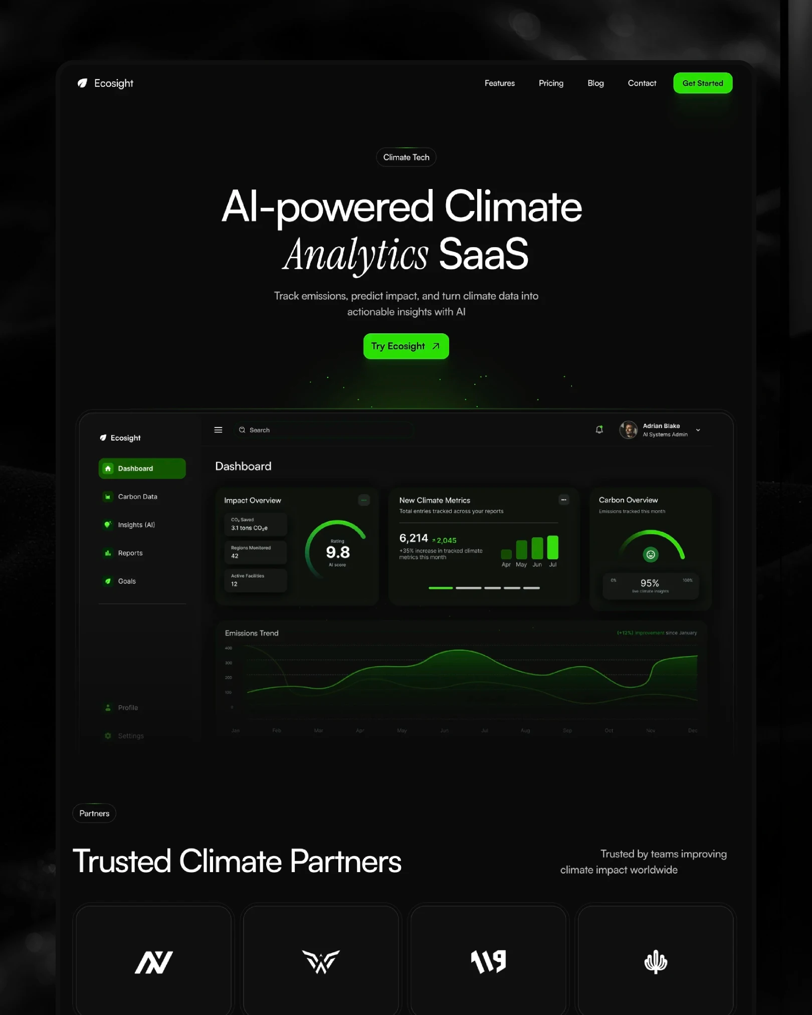 Ecosight climate dashboard showing emissions metrics and carbon overview — UI system by Luna UI design studio