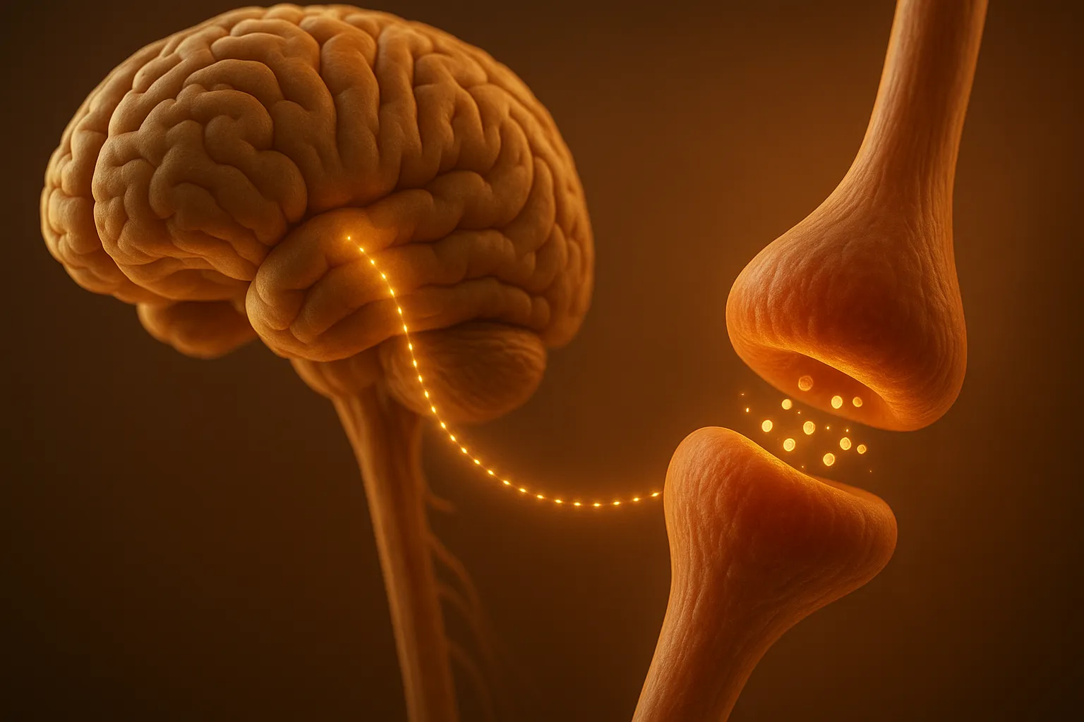Enkephalins - 3D close-up of a brain neuron synapse releasing glowing enkephalins between two nerve endings