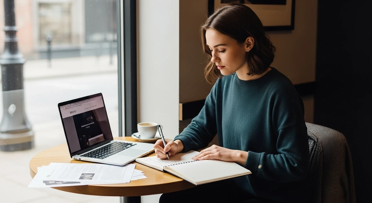 Young woman in teal sweater writing in notebook at cafe table with open laptop, printed documents and coffee cup, working by window with city street view
