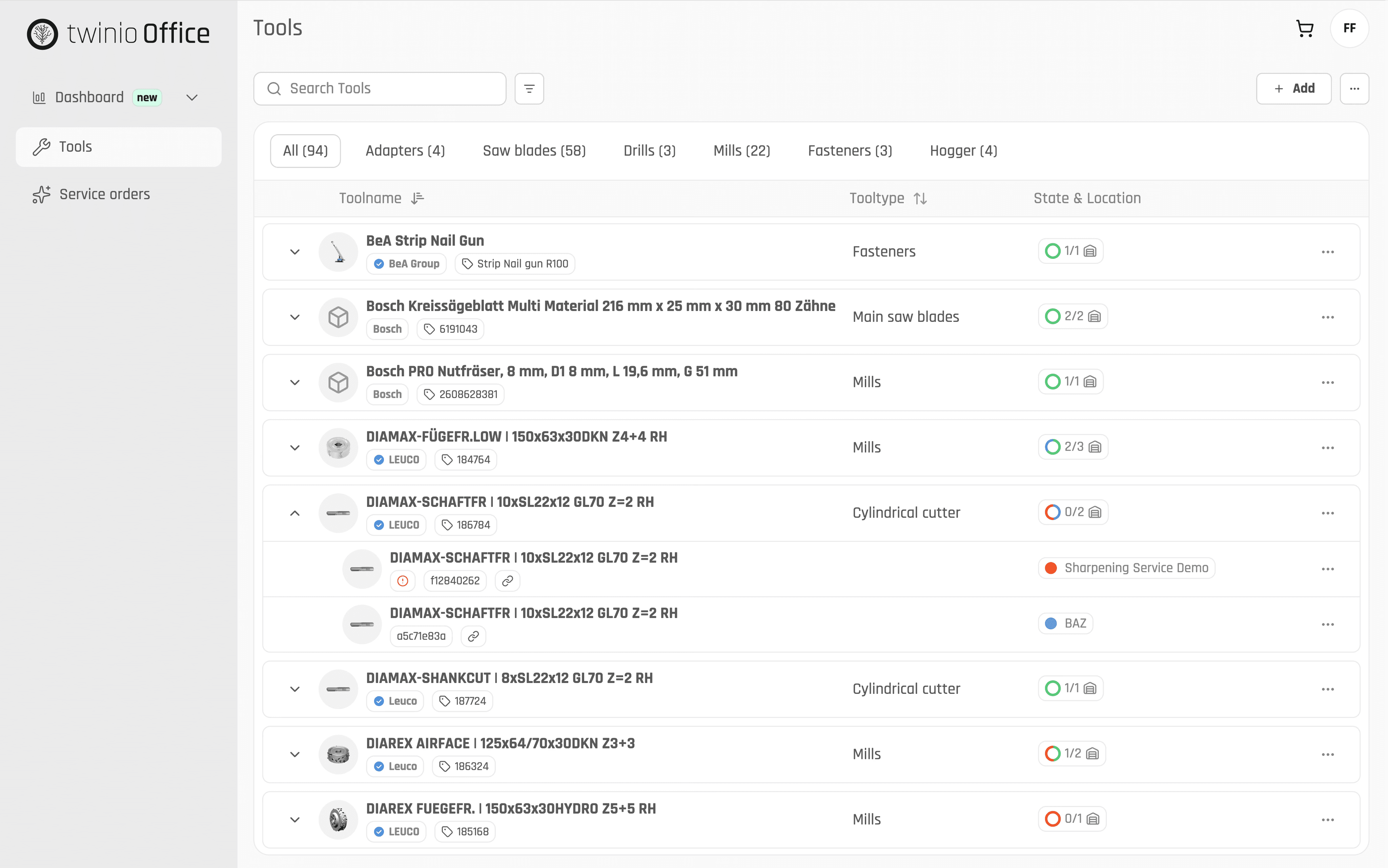twinio Office Werkzeugübersicht mit Werkzeugkategorien, Suchfunktion und Statusanzeige.