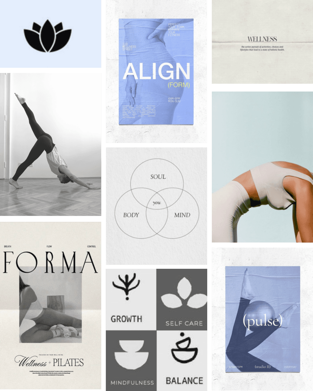 Collage of yoga and wellness-themed posters, including text promoting ALIGN, FORMA, and PULSE, images of yoga poses, and icons for growth, self-care, mindfulness, and balance. This collection is used for visual brand design by House Of Five Studio.