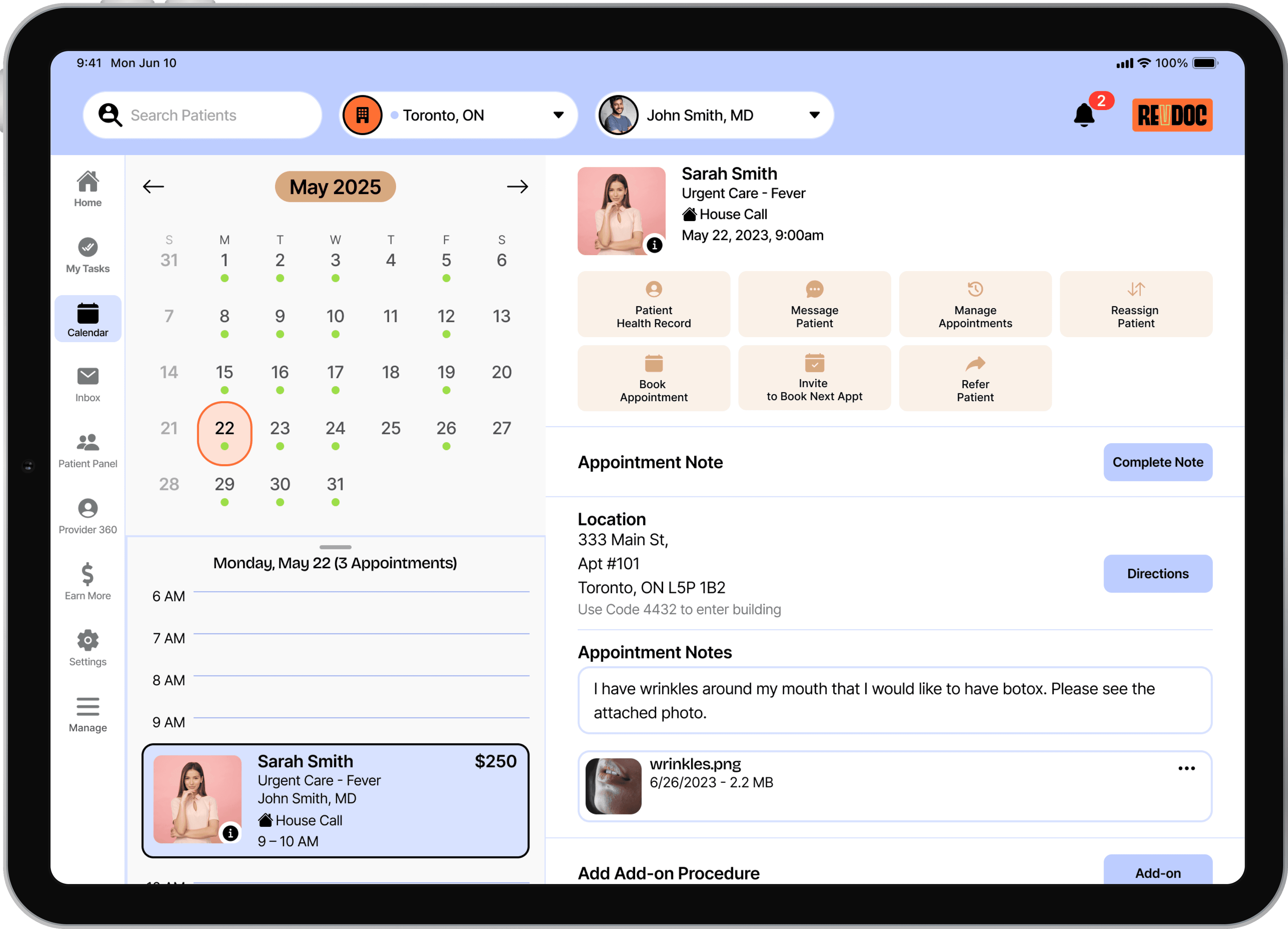 RevDoc's user interface for Providers on an iPad tablet