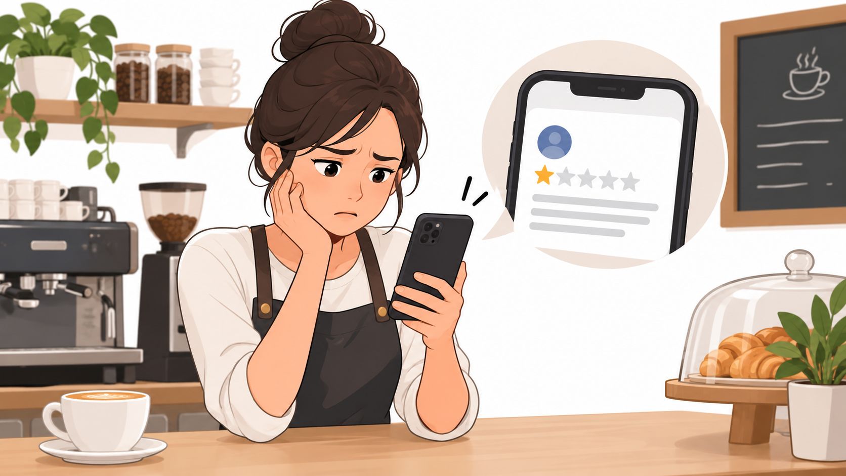 Una barista preocupada revisando una reseña negativa de una estrella en su teléfono móvil en la cafetería.